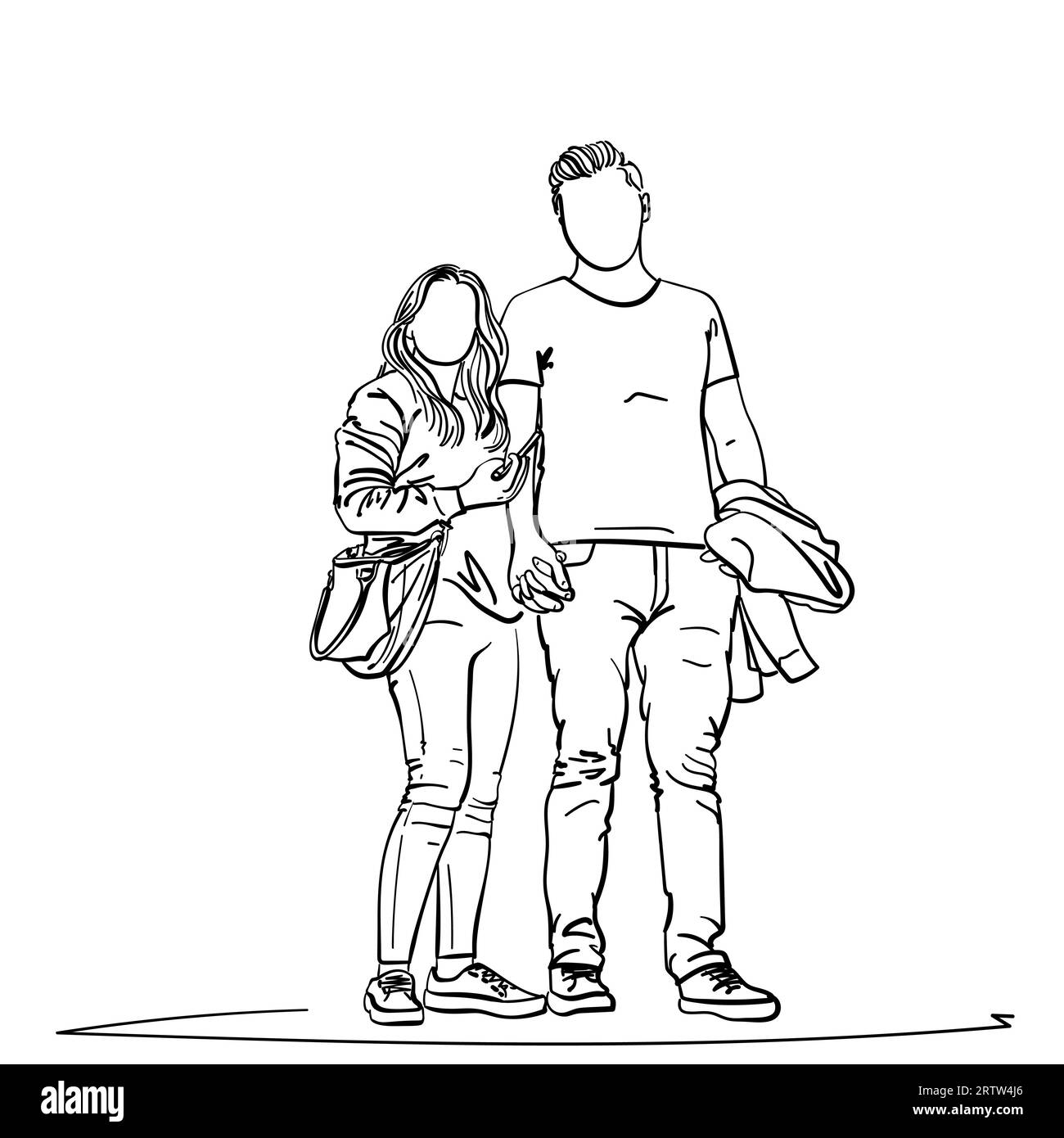 Drawing of young couple standing together holding hands. People man and woman with no face. Vector sketch Hand drawn illustration Stock Vector
