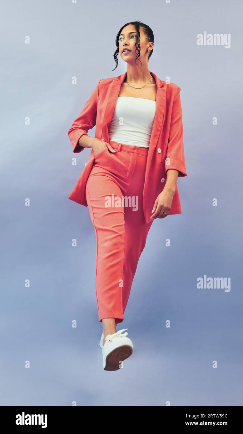 Business woman, thinking and corporate fashion with gen z style and ...
