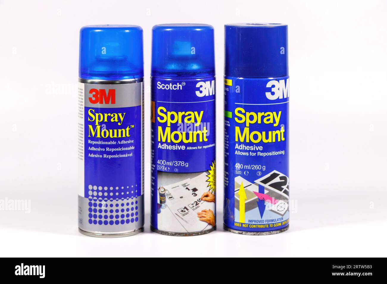 cans of old 3M spraymount spray adhesive for mounting photographs and design work Stock Photo