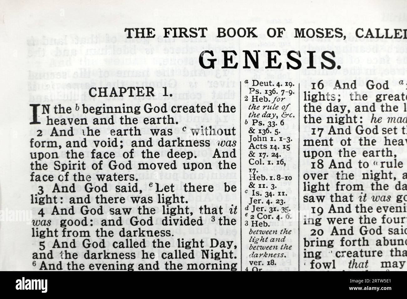 close up of first chapter of the holy bible Genesis , in the beginning god created heaven and earth Stock Photo