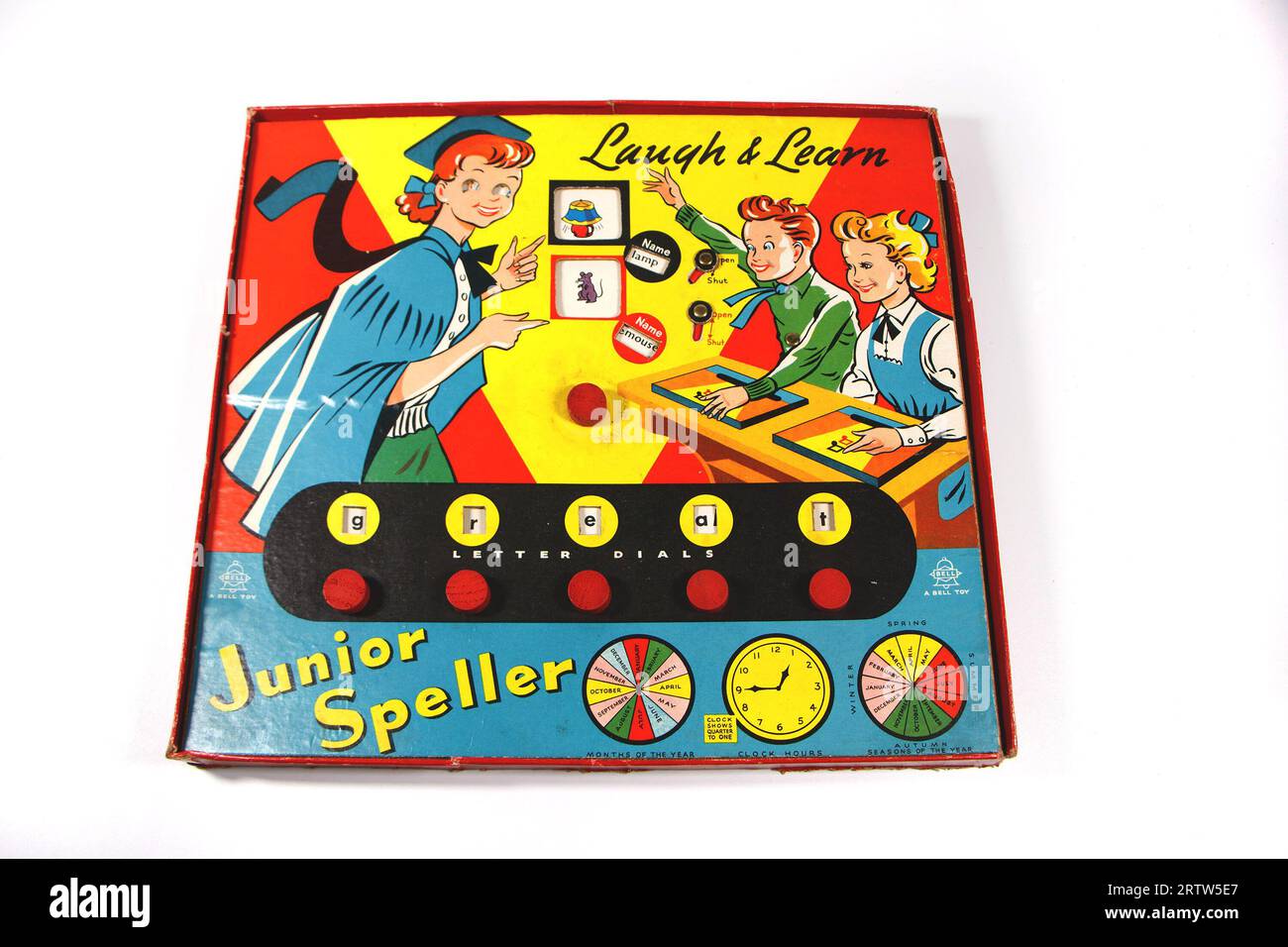 1950s 1960s vintage junior speller spelling board game box by bell toys and games isolated against a white studio background Stock Photo