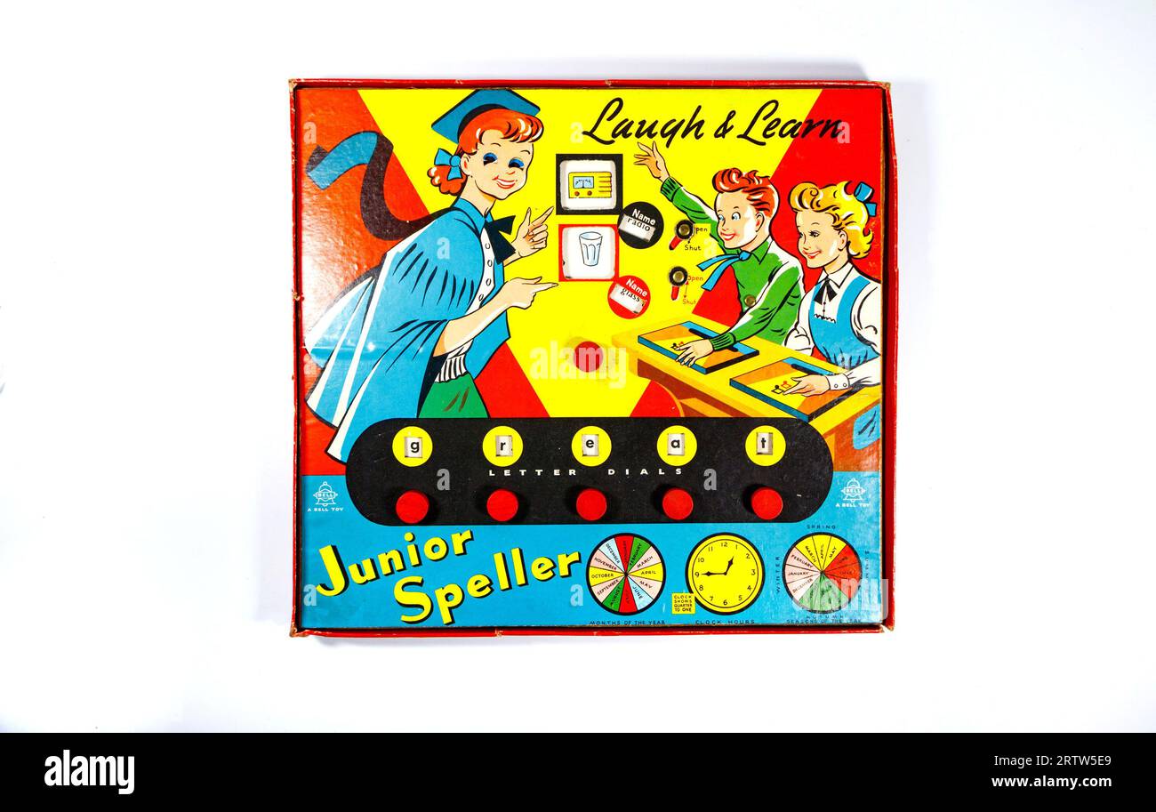 1950s 1960s vintage junior speller spelling board game box by bell toys and games isolated against a white studio background Stock Photo