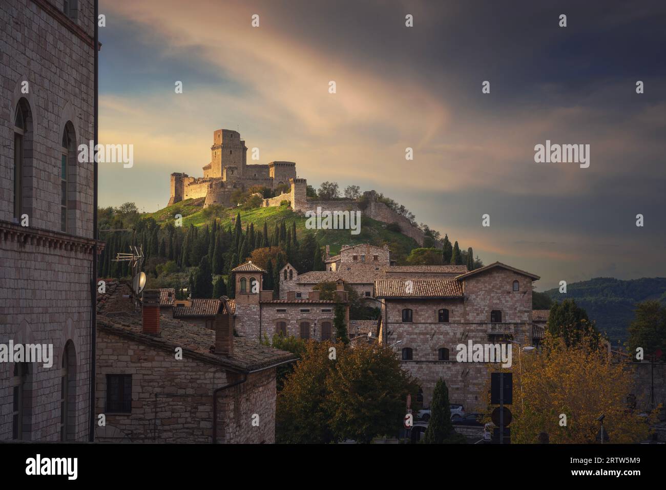 Rocca Maggiore fortress at sunset. Assisi, province of Perugia, Umbria region, Italy. Stock Photo