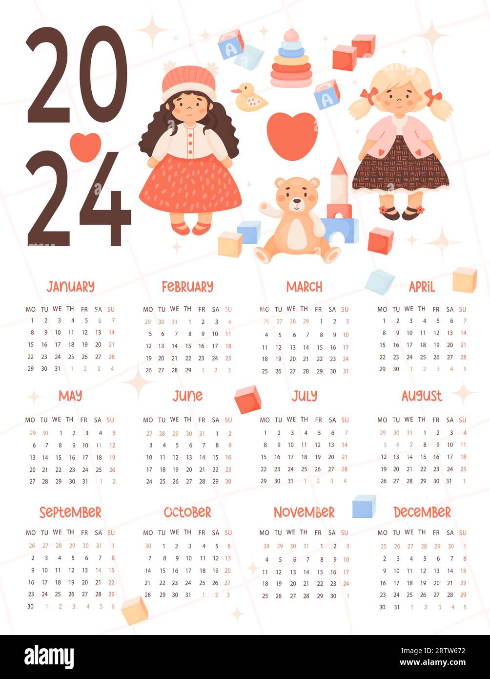 Kids annual calendar 2024 Cute Children toys, girl doll, plush toys in  cartoon style. Vector vertical template 12 months in English. Week starts  on Mo Stock Vector Image & Art - Alamy