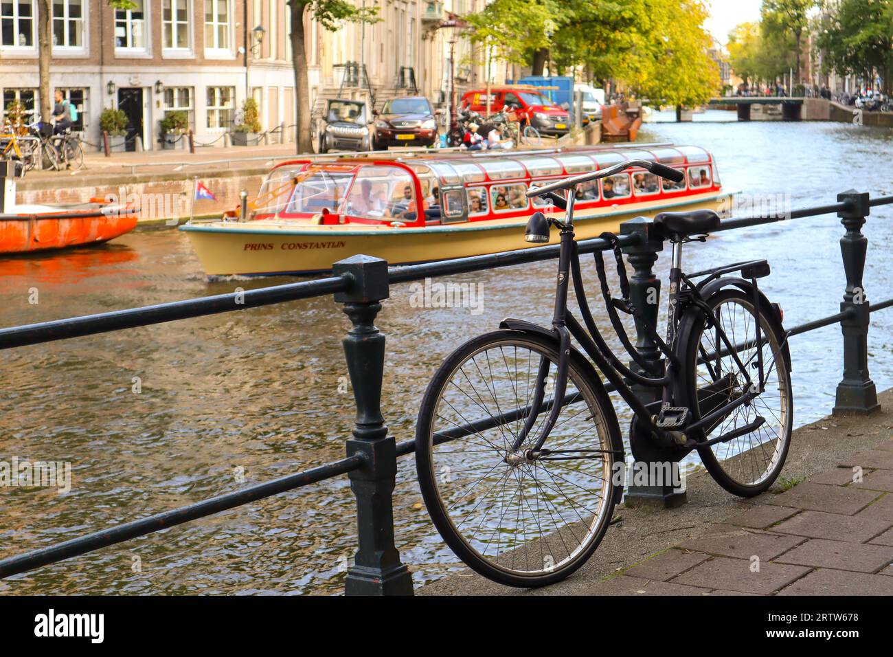 Amsterdam Bicycle Canal and boats. Stock Photo