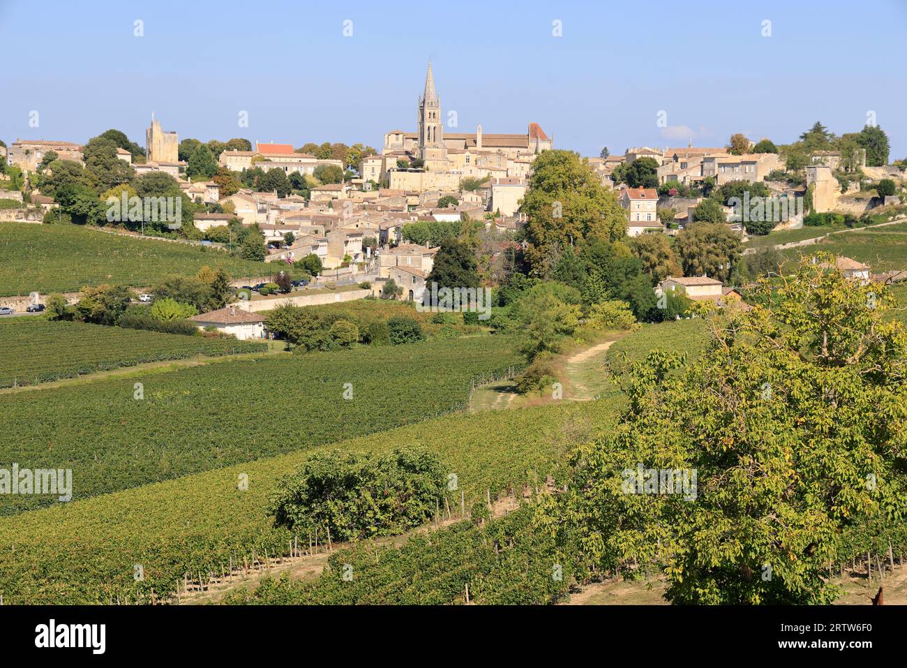 Saint-Émilion in its vines and its red wine vineyard. Saint-Émilion is classified among the most beautiful villages in France. Viticulture, wine and t Stock Photo