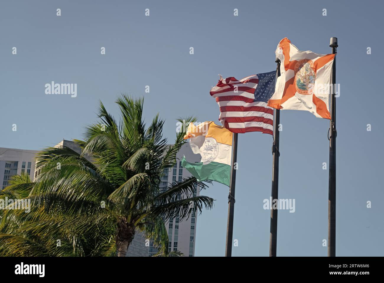 United States, Florida and Miami flags waving on flagpoles on blue sky Stock Photo
