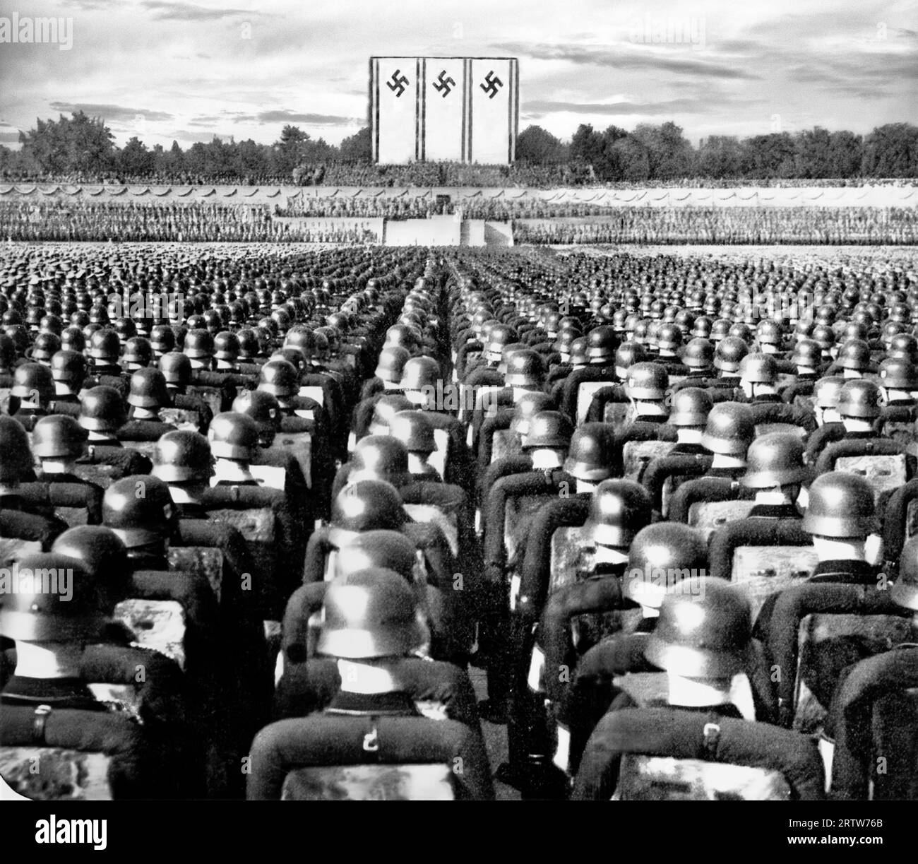 1936 German army troops in lines during a Nuremberg rally, aka Reich Party Congress, a series of celebratory events coordinated by the Nazi Party in Germany. Stock Photo
