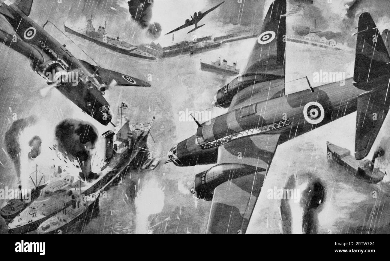 A drawing by Edgar Thurston of the first British air raid of the Second World War took place on 4th  September 1939 when Wellington bombers attacked German warships in Kiel and Wilhelmshaven. Stock Photo