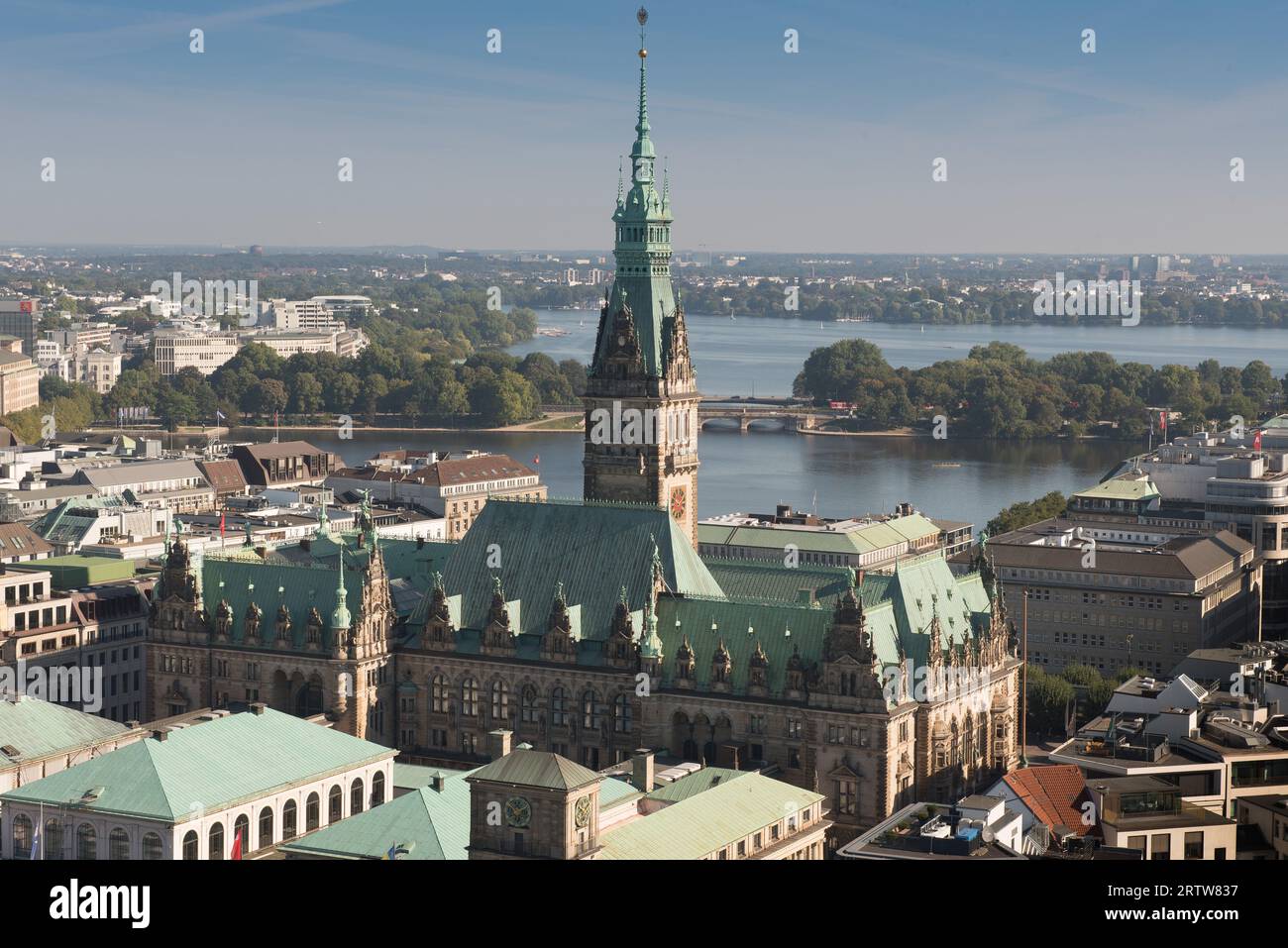 View of Hamburg City Hall and the Alster Lake Stock Photo