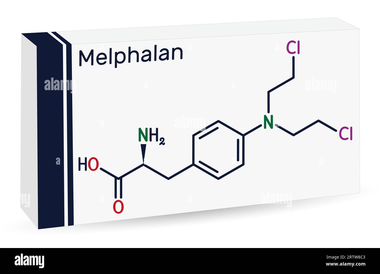Melphalan molecule. It is chemotherapy medication, alkylating antineoplastic agent. Skeletal chemical formula. Paper packaging for drugs. Vector illus Stock Vector