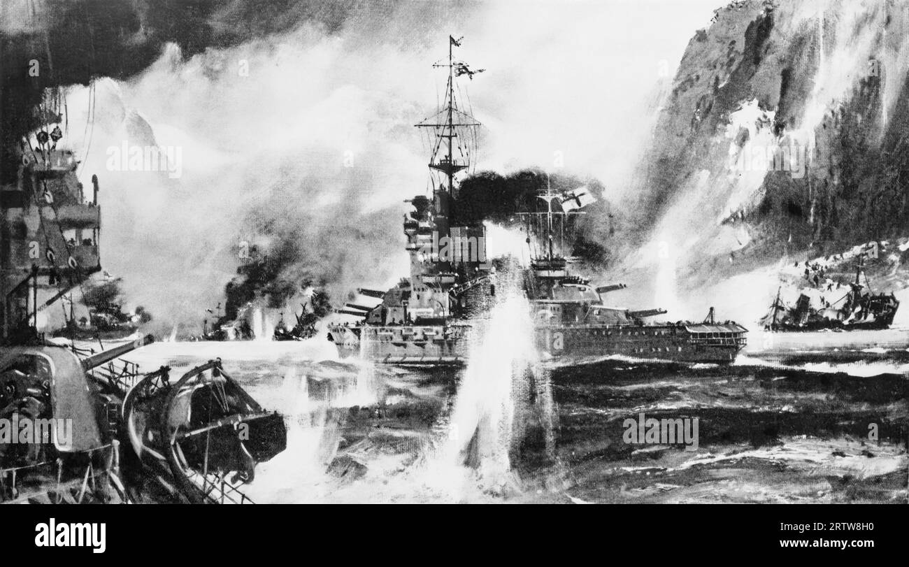 An illustration by English artist Frank Henry Mason (1875-1965) of the second British attack on Narvik Fjord, Norway on 13 April, 1940. In the first battle the British force shot up everything in sight and destroyed most of the shipping, but were attacked in turn on leaving the harbour. In the second battle (pictured) the Germans lost over 1,000 men, a U-boat (the first to be sunk by an aircraft during the war) and eight destroyers. Stock Photo