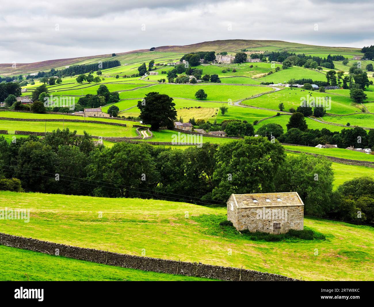 A filed barn in Upper Nidderdale with Lofthouse Moor beyond Nidderdale AONB North Yorkshire England Stock Photo