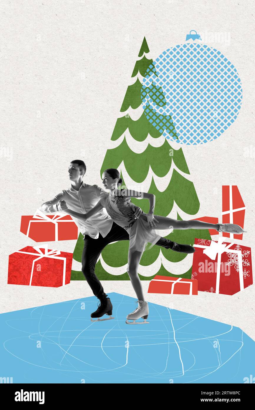 Beautiful young man and woman in costumes, figure skaters performing on ...