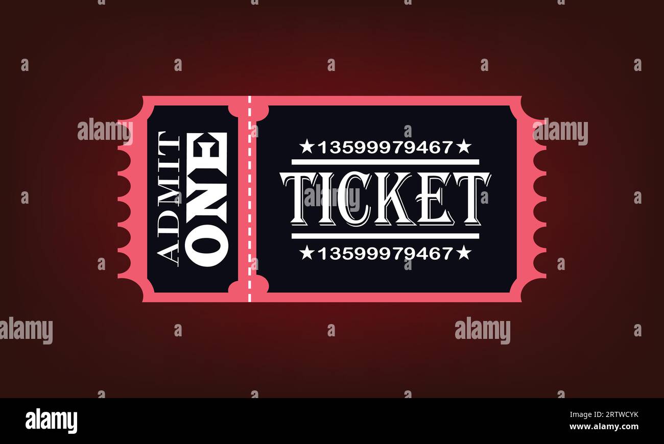 Admit one ticket on a dark red background. Vector illustration. Good for cinema, theater, concert, performance, party, event, festival. Stock Vector