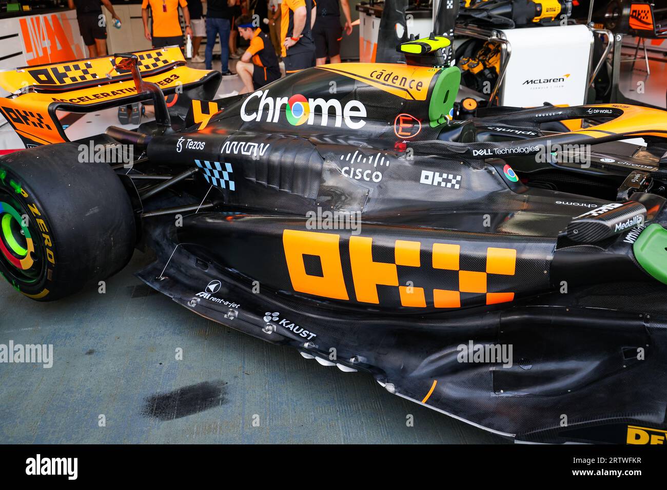 McLaren F1 Team MCL60, mechanical detail of air inlet, and engine cover and side pods during the 2023 Formula 1 Singapore Airlines Singapore Grand Prix, 15th round of the 2023 Formula One World Championship from September 15 to 17, 2023 on the Marina Bay Street Circuit, in Singapore Stock Photo