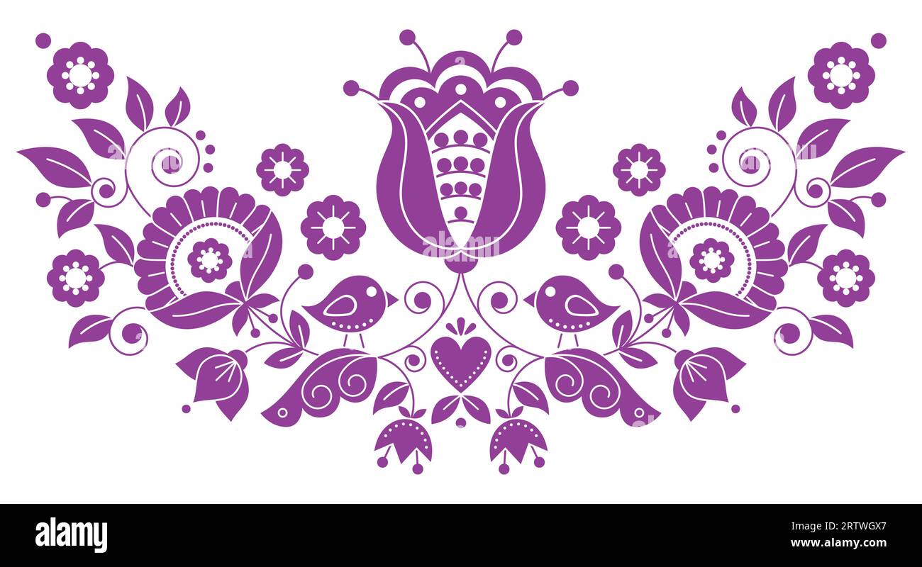 Scandianvian traditional folk art vector design with flowers, leaves, heart and birds, floral ornament inspired by traditional embroidery patterns Stock Vector