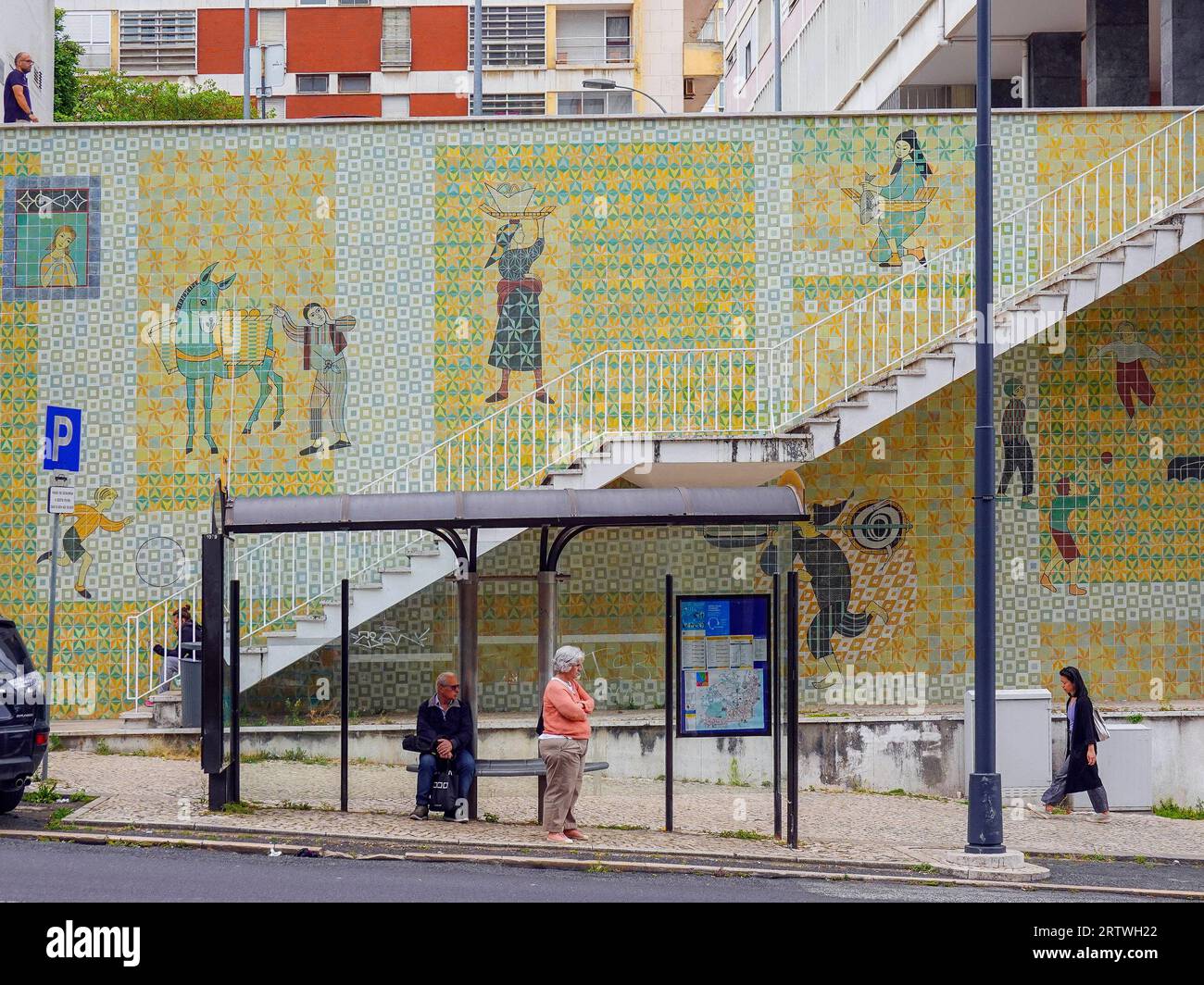 Portugal, Lisbon, The Azulejo Route includes a series of large decorative murals covered in traditional Portuguese tile. The walls, with frontal stair Stock Photo