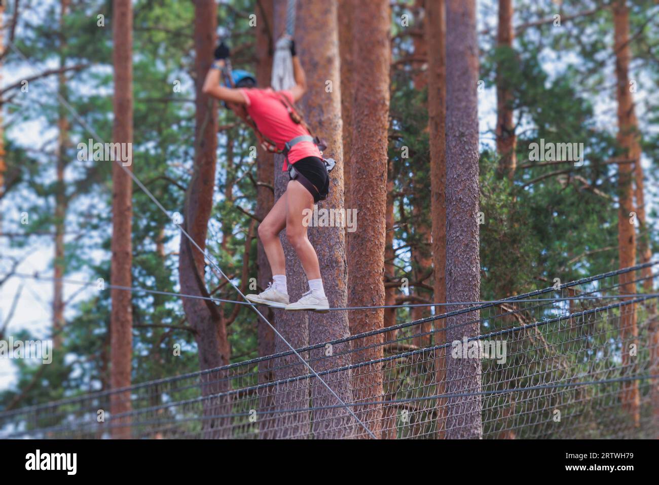 View of high ropes course, process of climbing in amusement acitivity ...