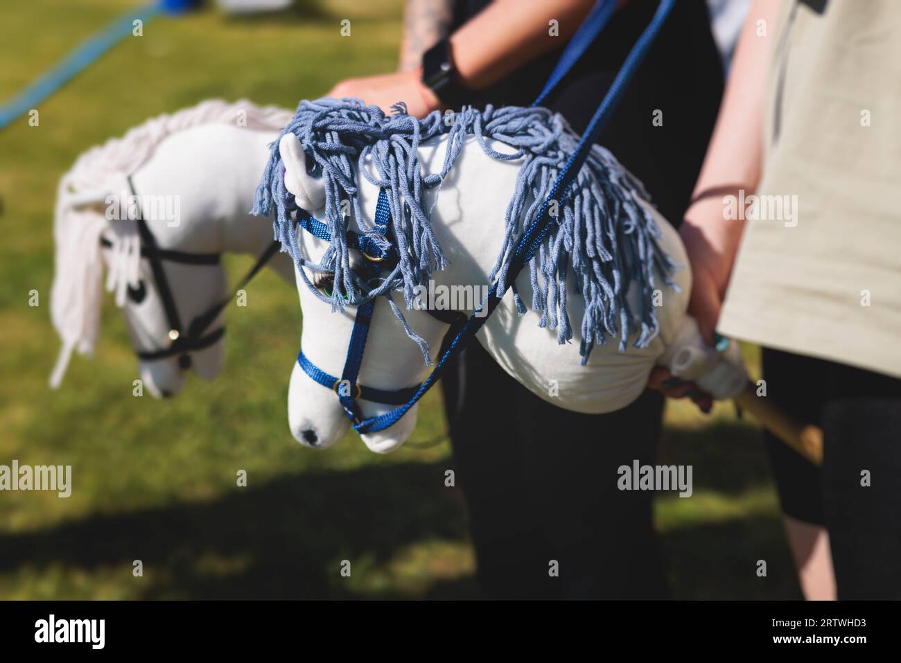 Hobby horsing competition on a green grass, hobby horse riders jumping