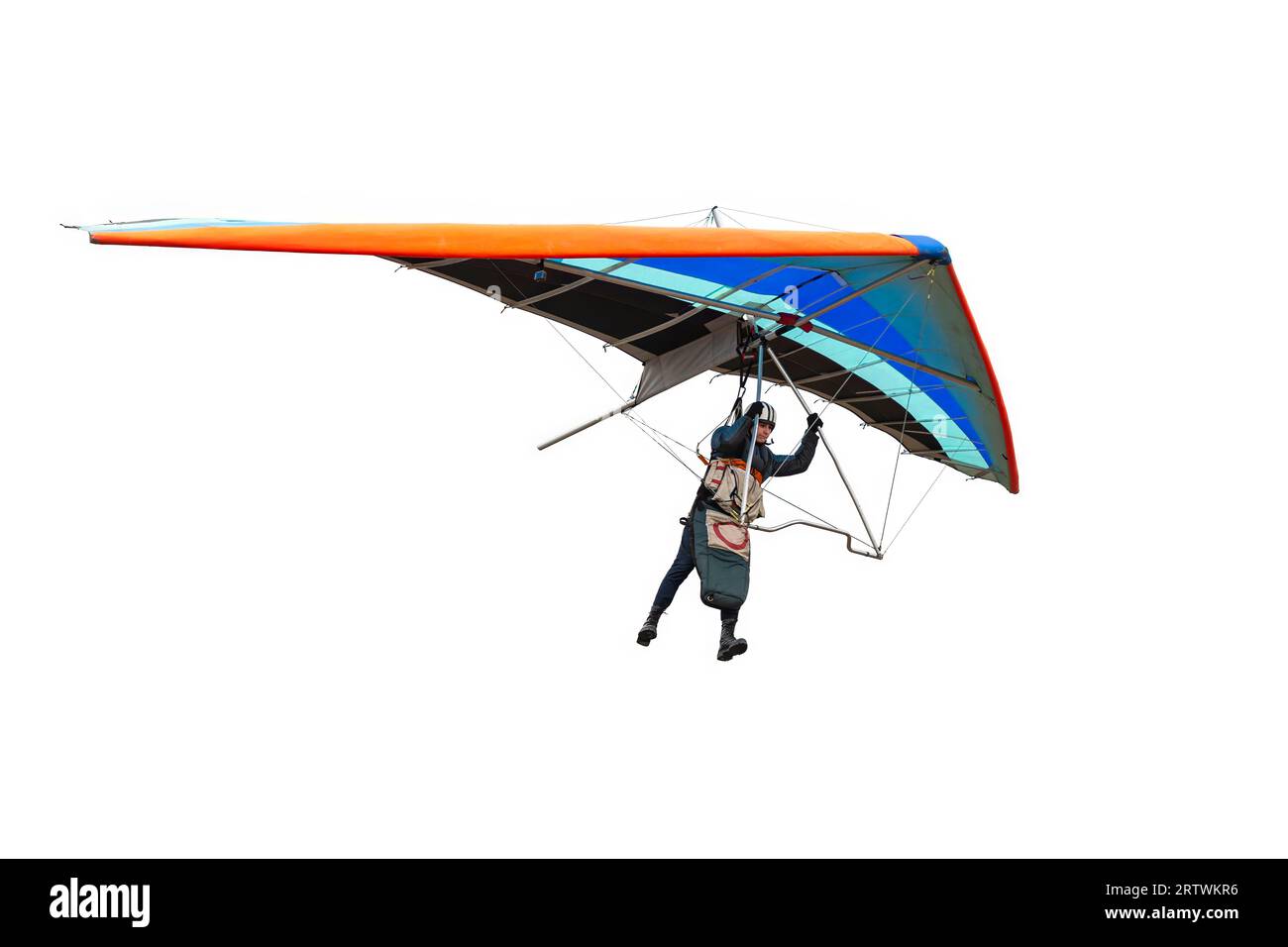 Funny hang glider pilot with stretched legs isolated on white Stock Photo
