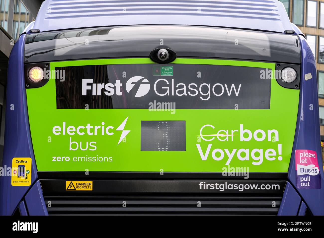 Electric First Bus in the Glasgow Low Emission Zone, Scotland, UK, Europe Stock Photo
