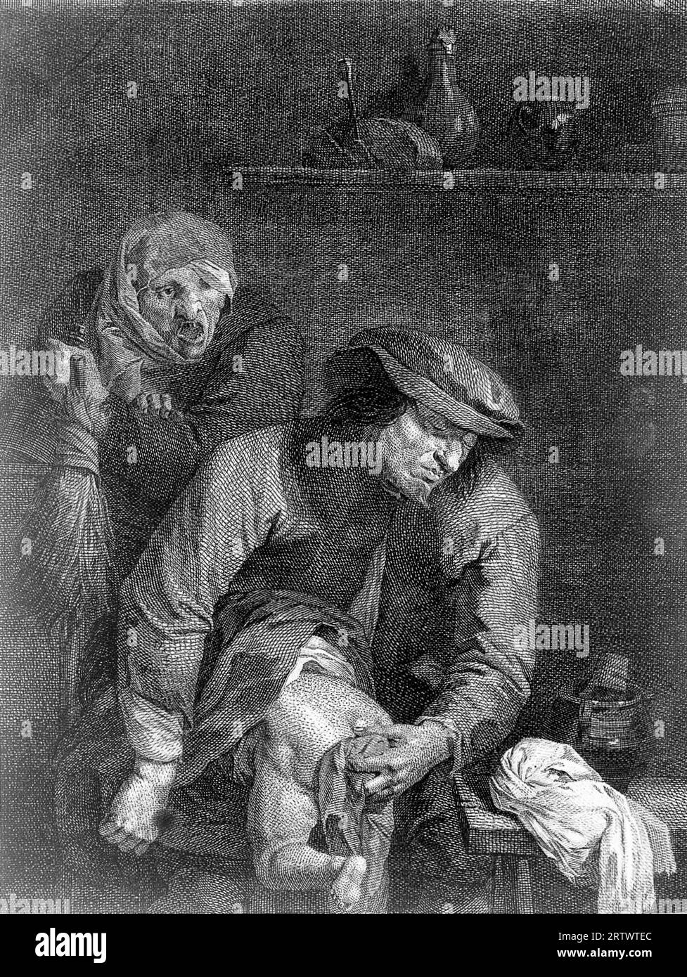A man washing a child's bottom, and in the background, an old hag