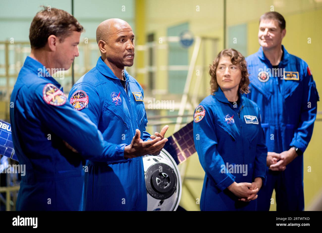 Bremen, Germany. 15th Sep, 2023. The crew members of the Artemis 2 mission of the U.S. space agency Nasa, Reid Wiseman (l-r), Victor Glover, Christina Koch and Jeremy Hansen, speak to journalists at a press event in the ArianeGroup building. They reported on the upcoming 'Artemis 2 mission'. Credit: Hauke-Christian Dittrich/dpa/Alamy Live News Stock Photo