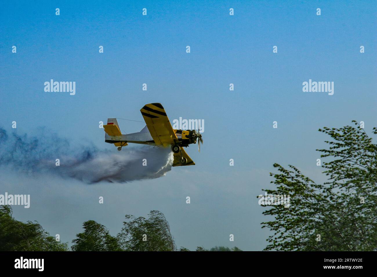 A forest and meadow fire extinguished from the air by a fire-fighting plane Stock Photo