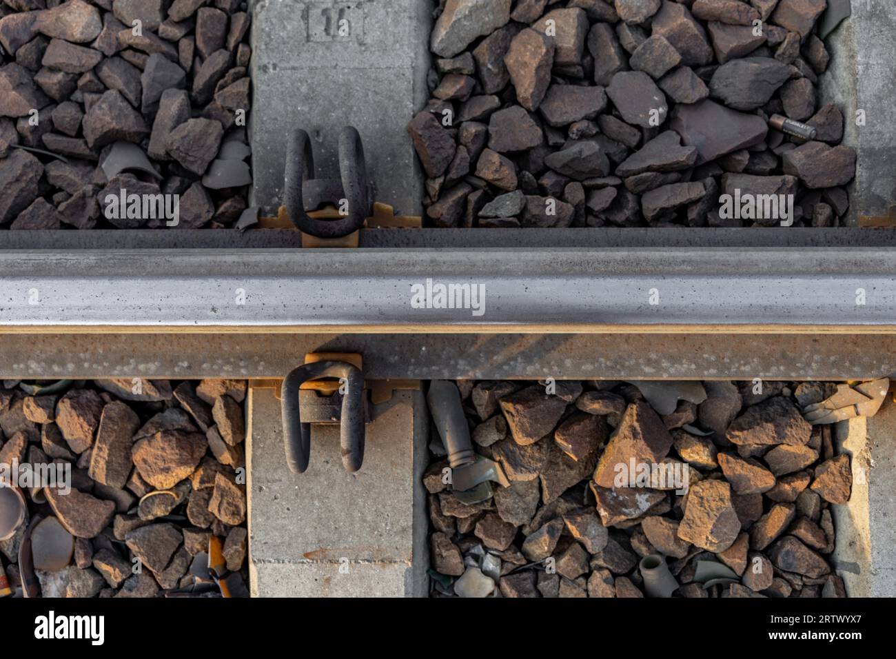 Railway tracks, high voltage traction, pendolino train Stock Photo