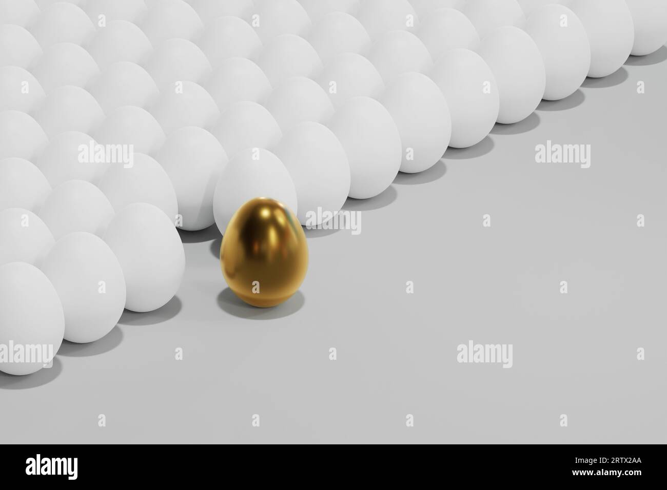 Unique Golden Egg Shines Bright Among the Ordinary. Three-dimensional illustration. Stock Photo