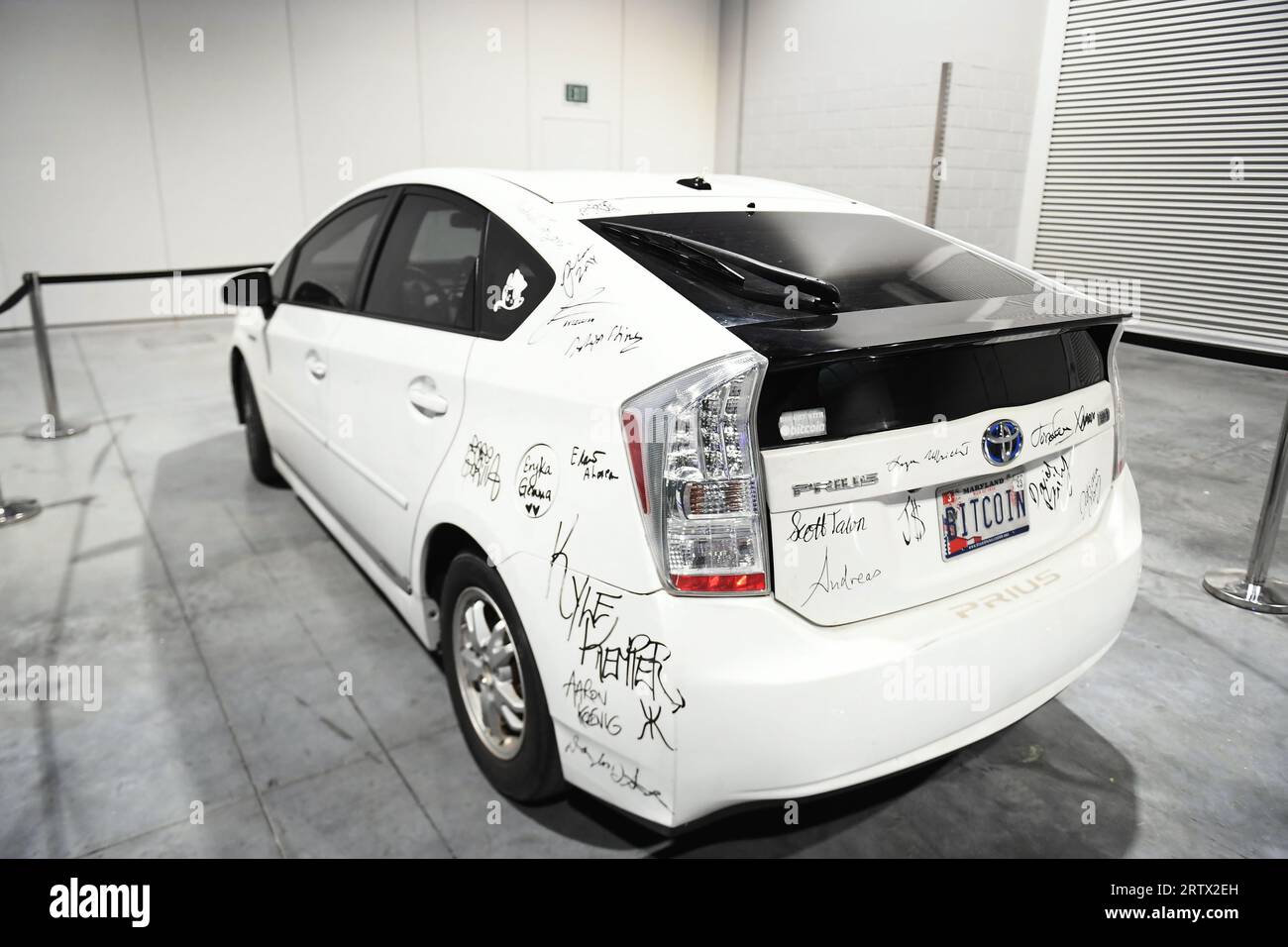 Las Vegas, USA. 14th Sep, 2023. A Toyota Prius with Maryland license plates  that read Bitcoin is displayed and signed by attendees during the 2023  BREATHE! convention at The Expo at World