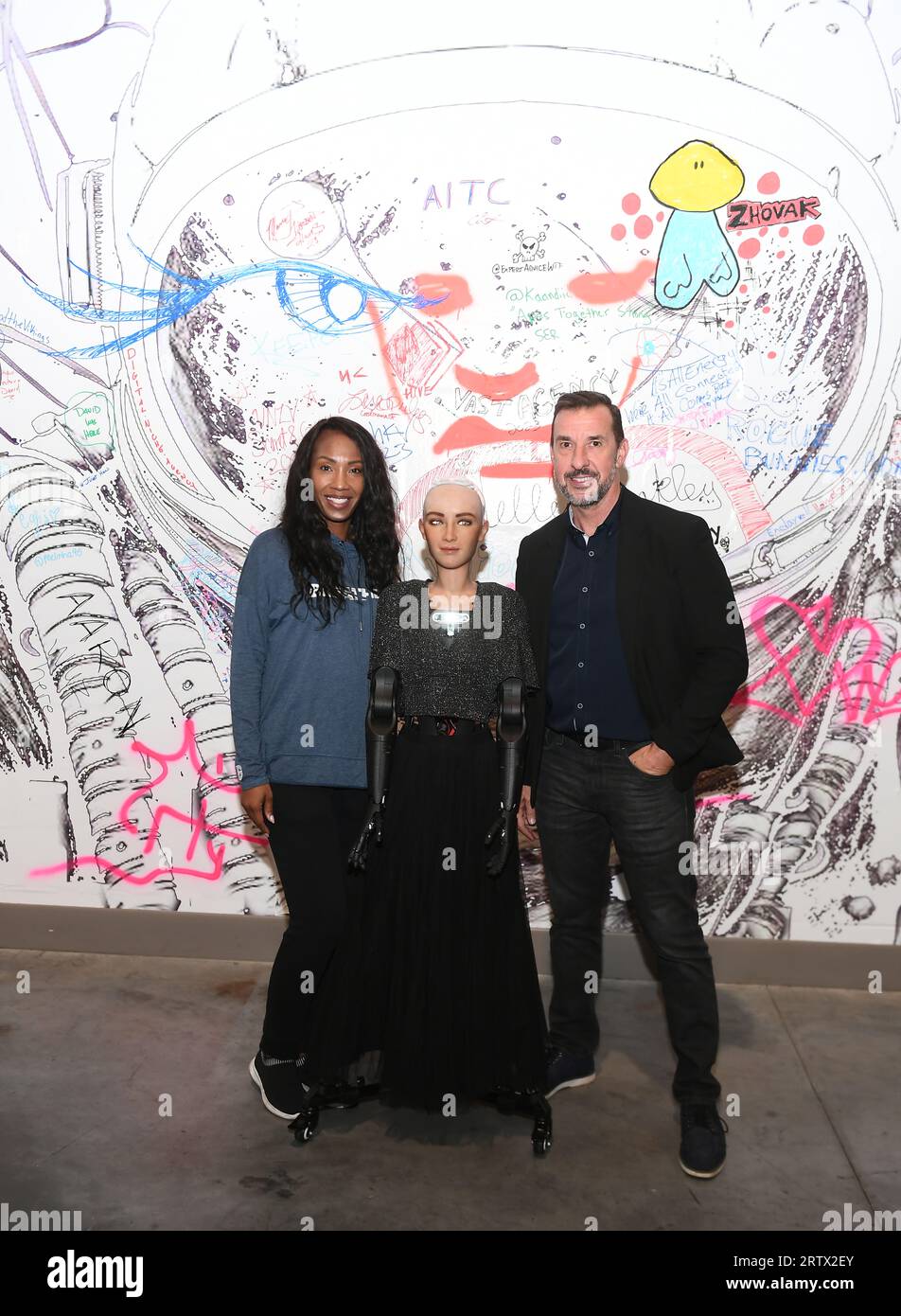 Las Vegas, USA. 14th Sep, 2023. (L-R) BREATHE! co-founder Shawn Andrews, Sophia the robot and SophiaVerse Chief Growth Officer Bill Inmam attend the 2023 BREATHE! convention at The Expo at World Market Center on September 14, 2023 in Las Vegas, Nevada. (Photo by Bryan Steffy/Sipa USA) Credit: Sipa USA/Alamy Live News Stock Photo
