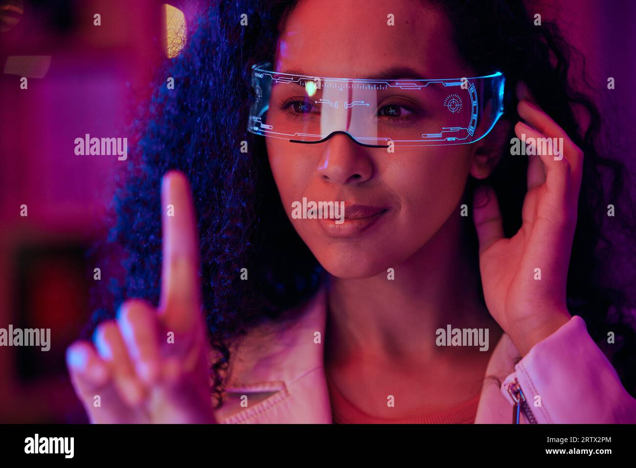 Virtual reality, woman and press screen with digital world, metaverse