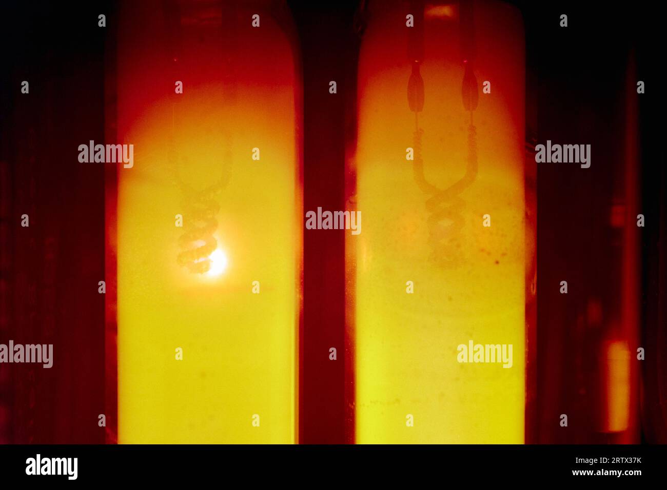 Closeup of cathodes in a running SOX lamp - low pressure sodium discharge lamp, a monochromatic light source of vaporised sodium metal Stock Photo