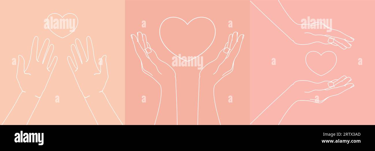 Set of Human hands with a heart. Love and care emblem. Symbolizing love and charity. Vector illustration Stock Vector