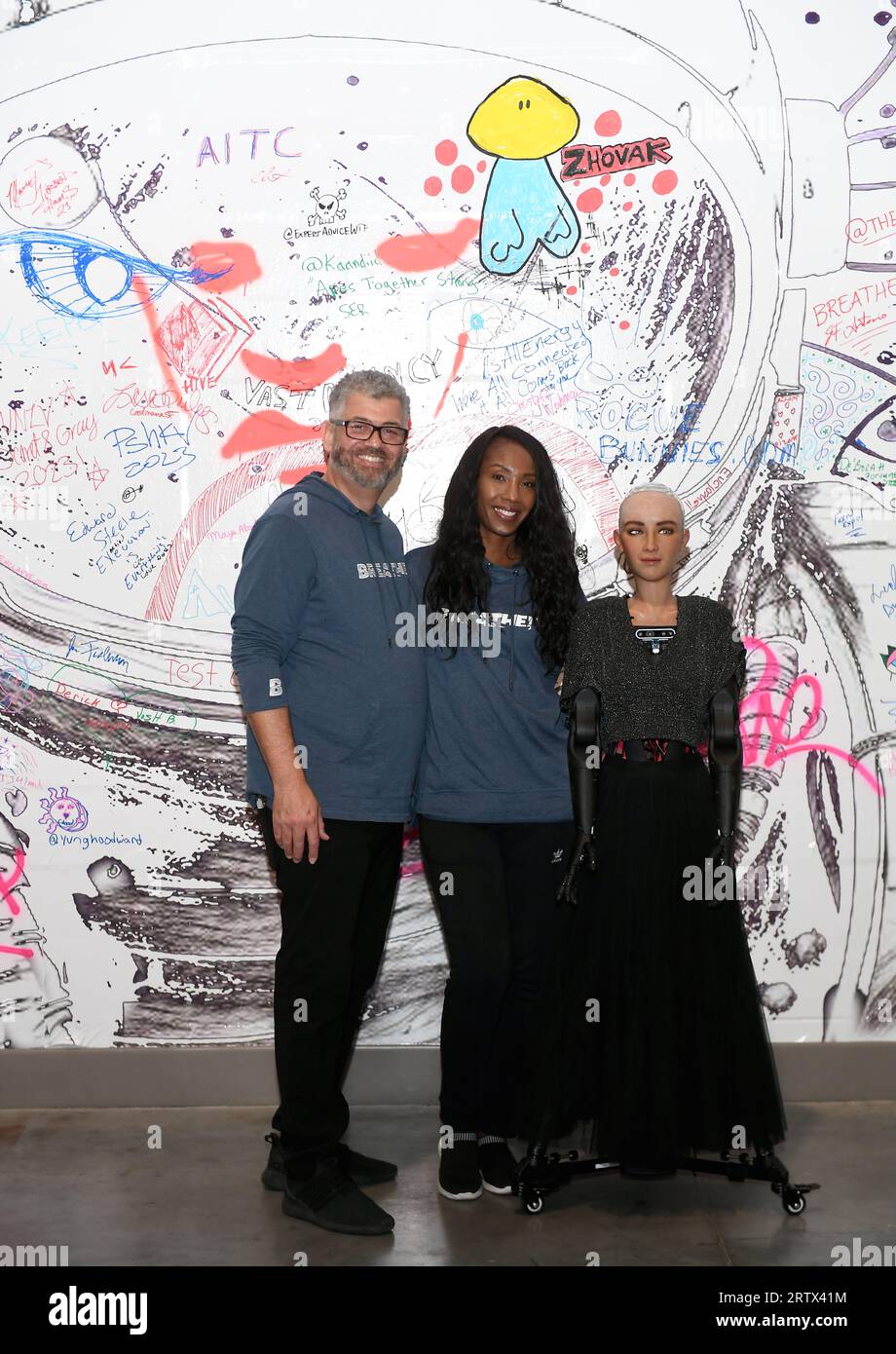 Las Vegas, USA. 14th Sep, 2023. (L-R) BREATHE! co-founders Stormie Andrews, Shawn Andrews and Sophia the robot attend the 2023 BREATHE! convention at The Expo at World Market Center on September 14, 2023 in Las Vegas, Nevada. (Photo by Bryan Steffy/Sipa USA) Credit: Sipa USA/Alamy Live News Stock Photo