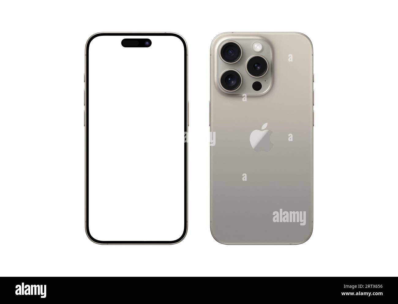 Antalya, Turkey - September 14, 2023: Newly released Natural Titanium iPhone 15 pro mockup set with back and front angles Stock Photo