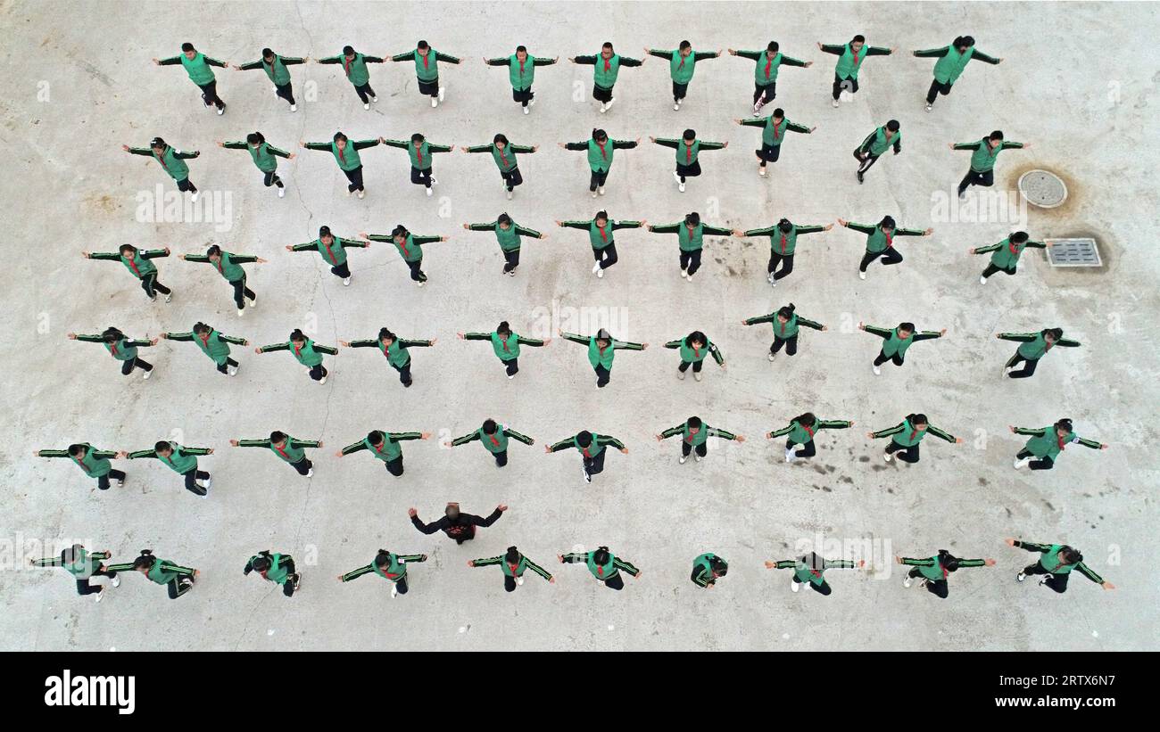 Primary school students are practicing the basic skills of Chinese Traditional martial arts