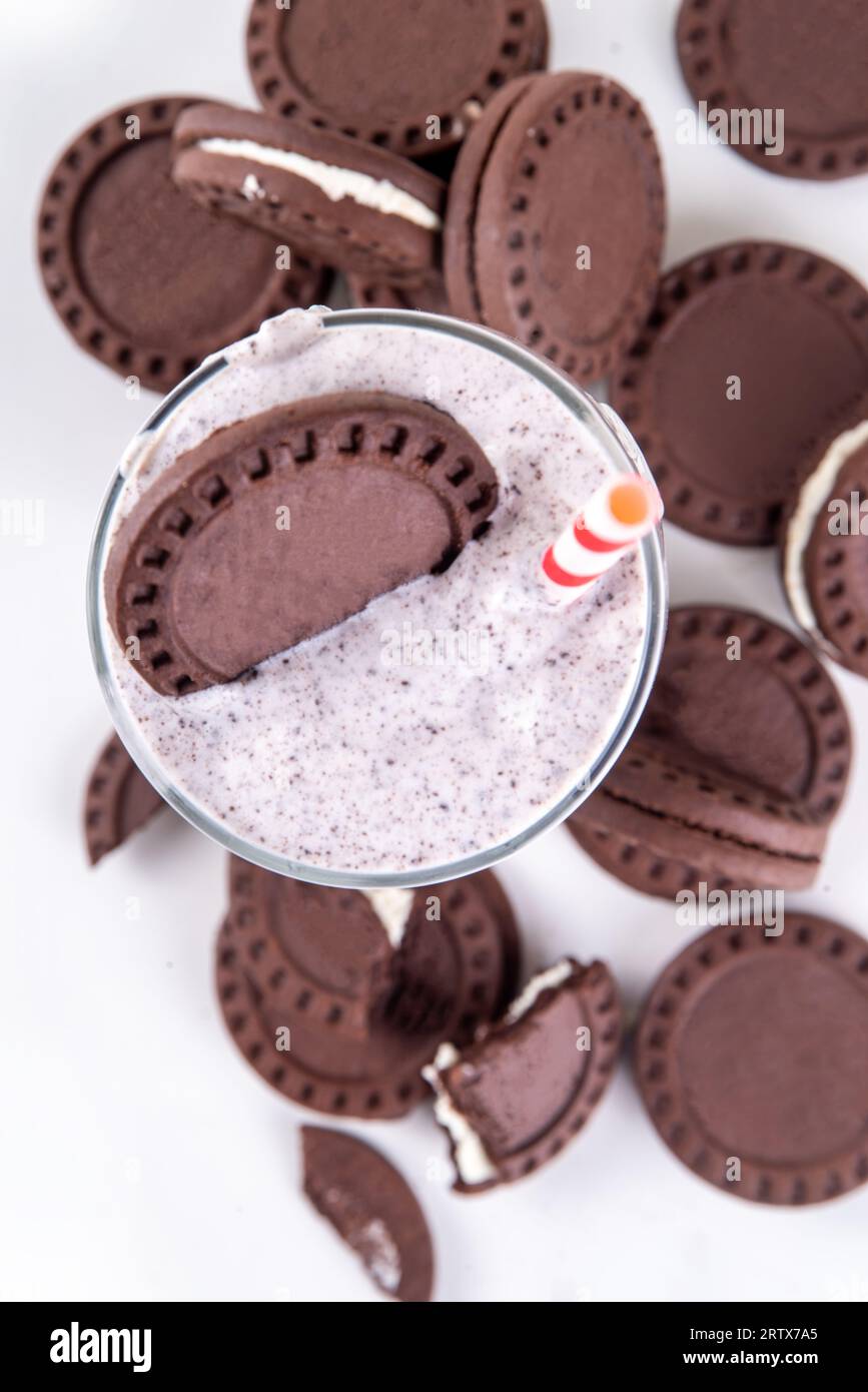 Cookies and Cream Milkshake  or smoothie chocolate oreo cookies with vanilla cream Stock Photo