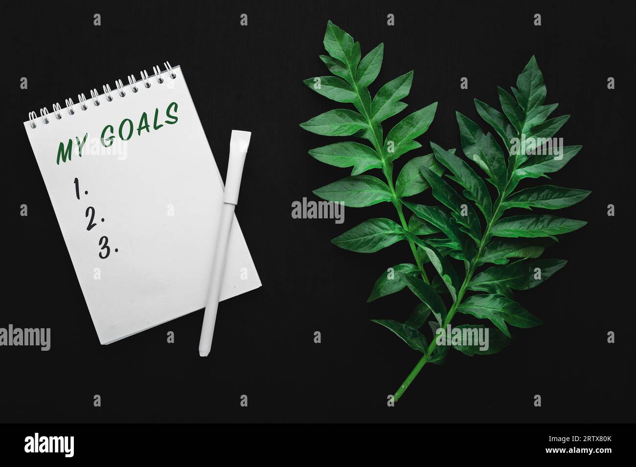 notebook with goals on black table, flat lay style Stock Photo
