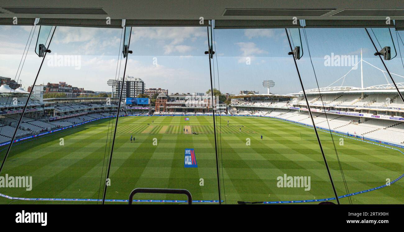 Lords Cricket Ground, London, UK. 15th Sep, 2023. 4th One Day International, England versus New Zealand; A view of the pitch from the media centre Credit: Action Plus Sports/Alamy Live News Stock Photo