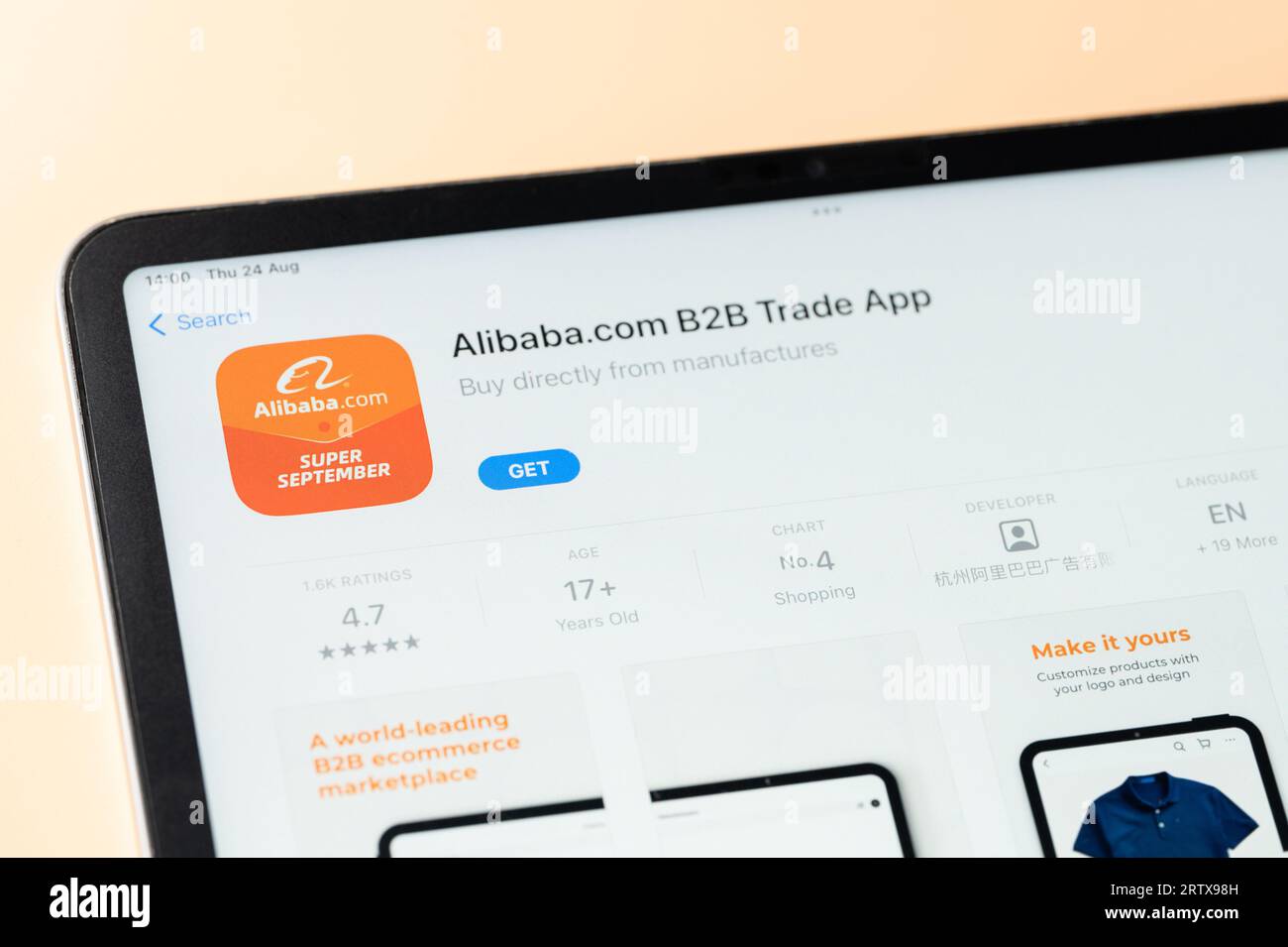 New York, USA - August 24, 2023: Alibaba app in Apple store on ipad tablet screen close up view Stock Photo