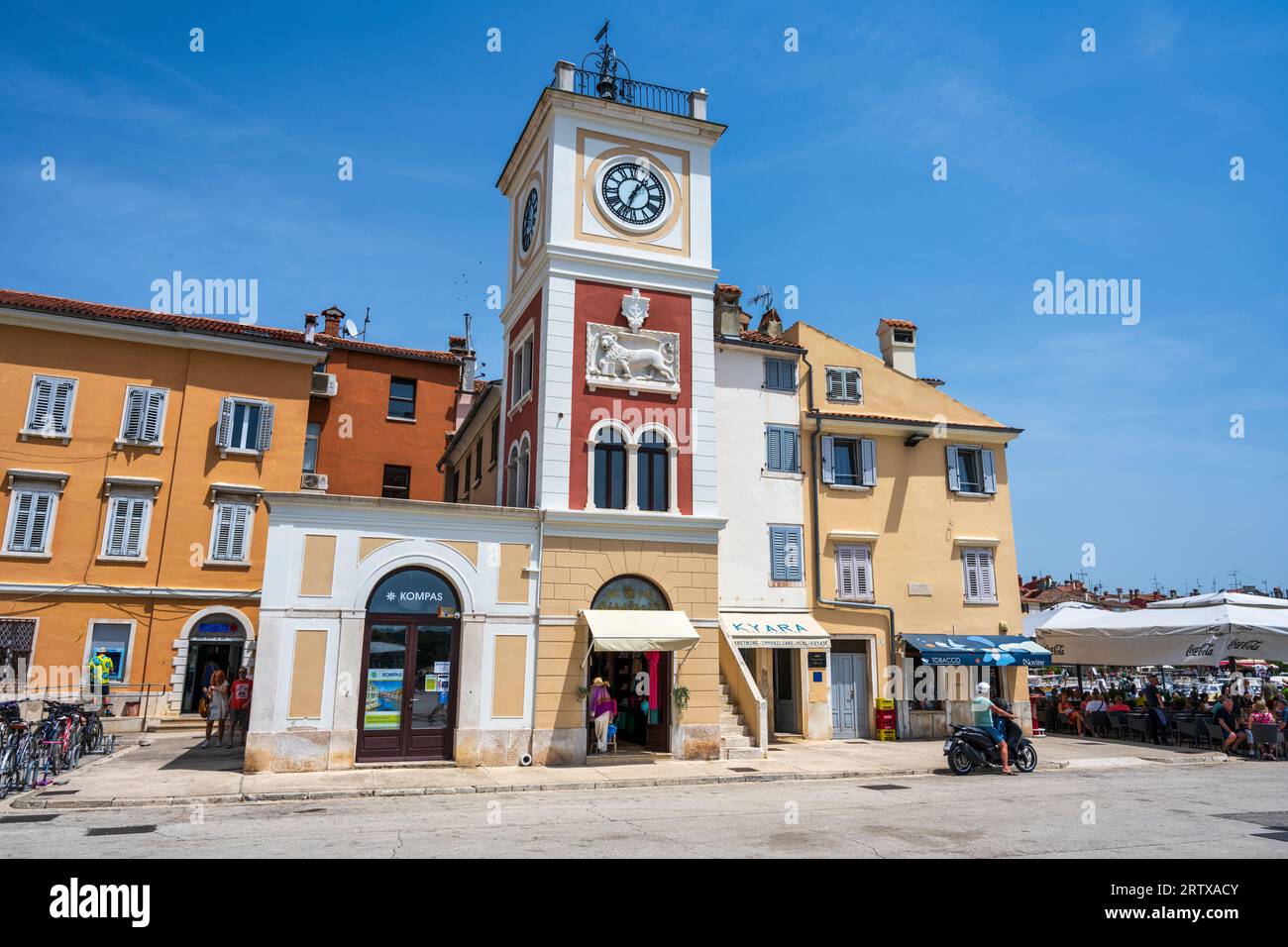 Clock Tower (Uhrturm) on Marshal Tito Square in the old town of Rovinj on the Istrian Peninsula of Croatia Stock Photo
