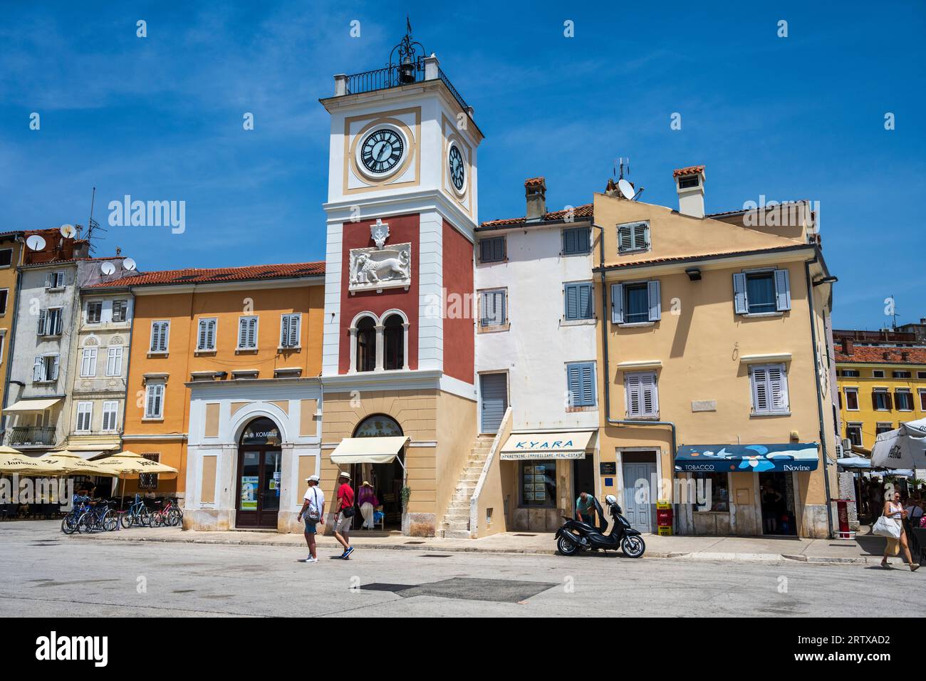 Clock Tower (Uhrturm) on Marshal Tito Square in the old town of Rovinj on the Istrian Peninsula of Croatia Stock Photo