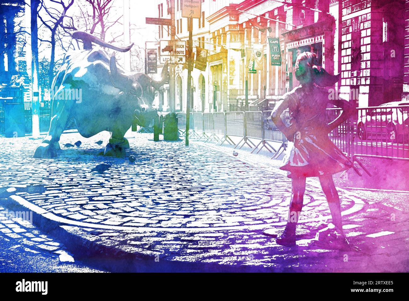 Illustration of the Fearless Girl and Charging Bull Statues in Lower Manhattan. Stock Photo