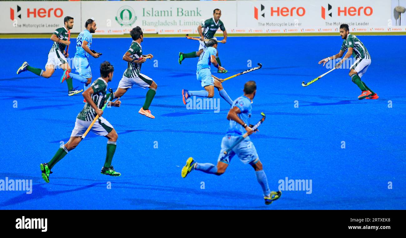 Hero Asia cup match between Pakistan and India at Maulana Bhasani Hockey Stadium in Dhaka, Bangladesh 21 October, 2017. Stock Photo