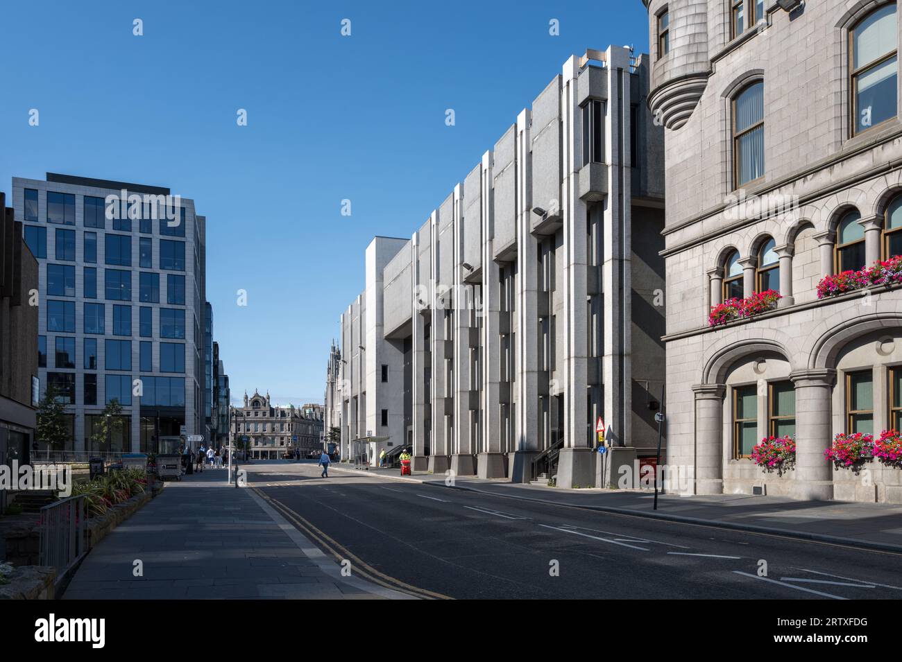 1 September 2023. Aberdeen,Scotland. This is the view along Broad Street in Aberdeen with Marischal Square on a sunny afternoon. Stock Photo