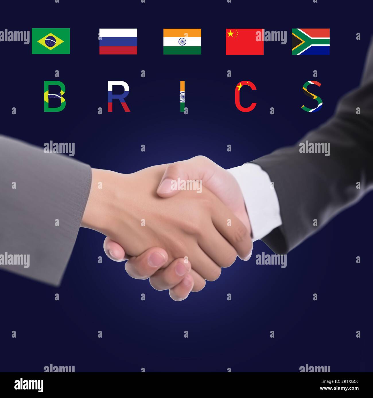 Handshake of business agreements. Concept of BRICS Union - Association of 5 countries : Brazil, Russia, India, China and South Africa. Stock Photo