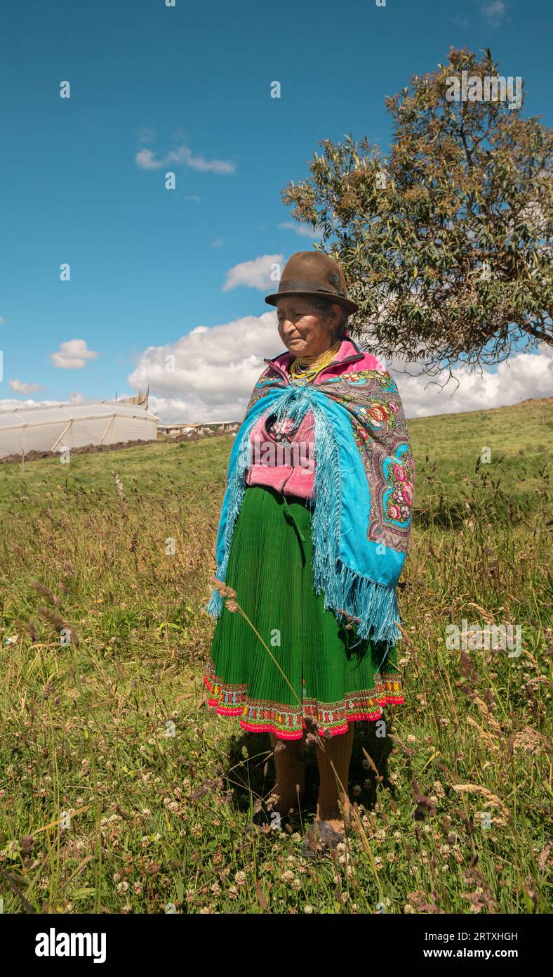Cangahua, Cayambe / Ecuador - September 12 2023: Portrait of elderly indigenous woman from Cayambe walking through the field during the day Stock Photo
